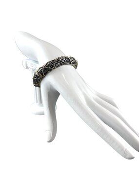 Bracelet Silver Gold Tone Textured Hinged Bangle Box Clasp Womens 7.5 In Jewelry